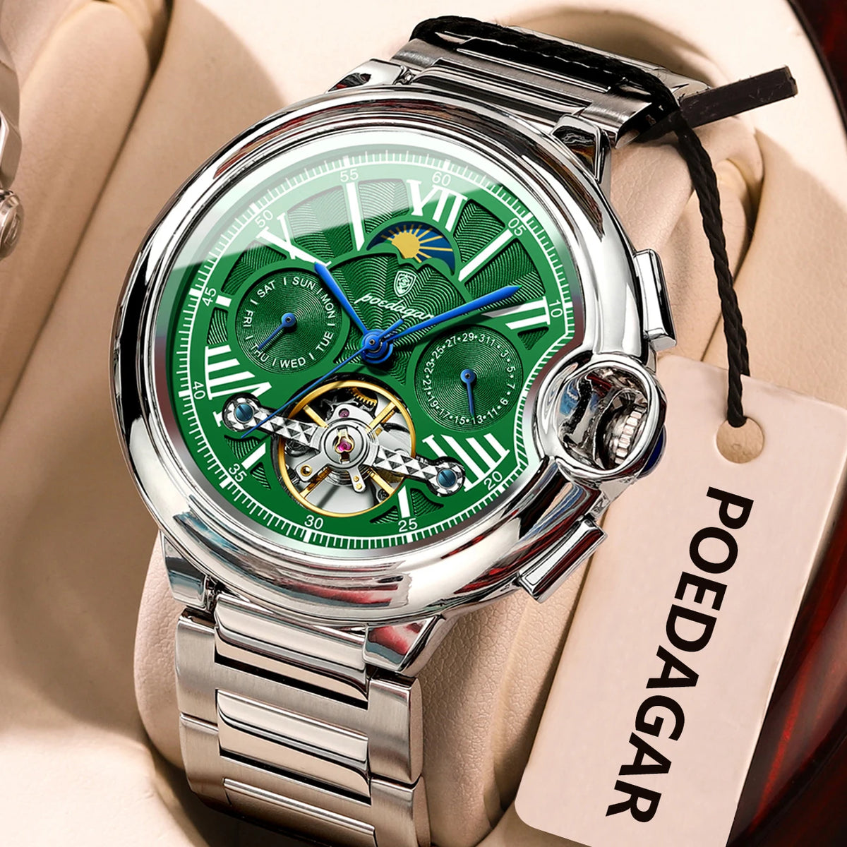 Reloj POEDAGAR de lujo para hombre, de negocios, con fecha, día, tourbillon de acero inoxidable, reloj mecánico automático impermeable para hombre