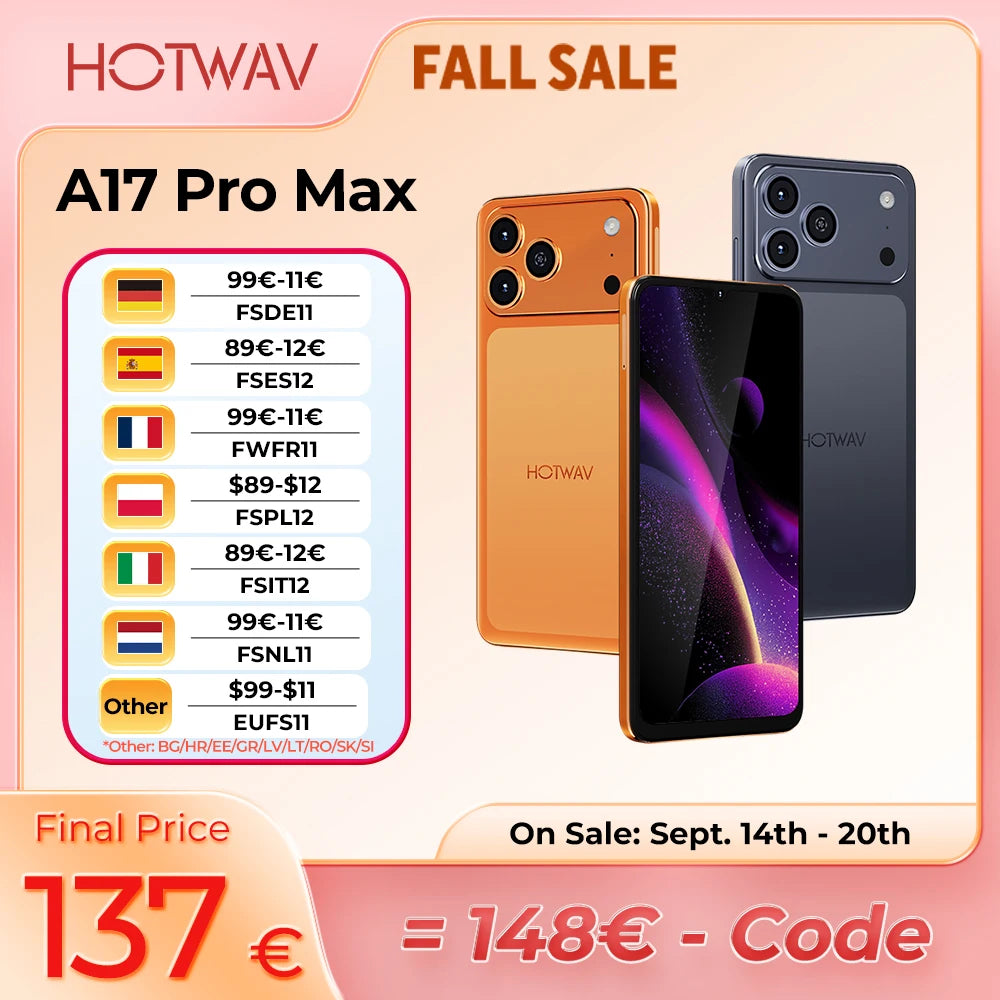 Smartphone HOTWAV A17 Pro Max de 6,75'', pantalla de 120 Hz, ultradelgado, 4 GB de RAM, 256 GB de ROM, Android 15, teléfono móvil de ocho núcleos, 5160 mAh, 1080P, Bluetooth 5.4, con conector para auriculares de 3,5 mm