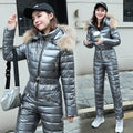 Traje de esquí de una pieza para mujer, grueso, de invierno, para nieve, con capucha, cálido, de algodón, ajustado, brillante, para deportes al aire libre