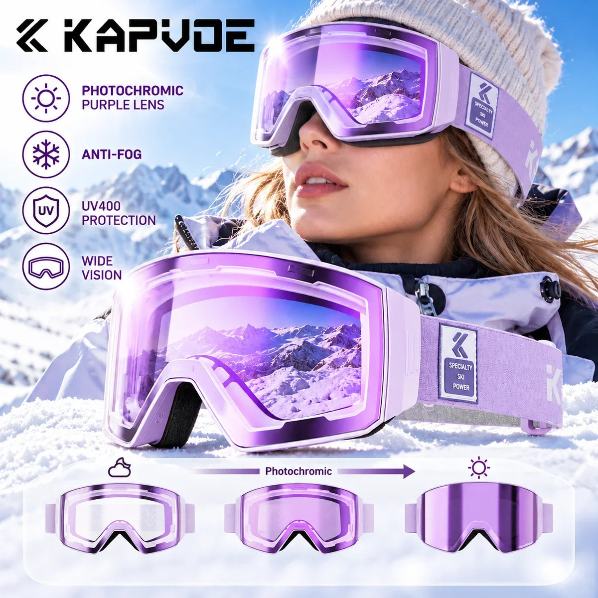 Gafas de esquí Kapvoe UV400 fotocromáticas, con lentes magnéticas antivaho, protección y diseño moderno, para hombres y mujeres, gafas de esquí deportivas.