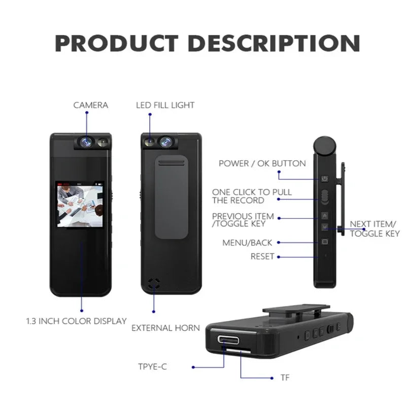 Mini Cámara 1080P 2K HD, Cámara Corporal Portátil, Grabadora de Video Digital Pequeña, Visión Nocturna, Mini Videocámara, Bodycam de 1.3 Pulgadas