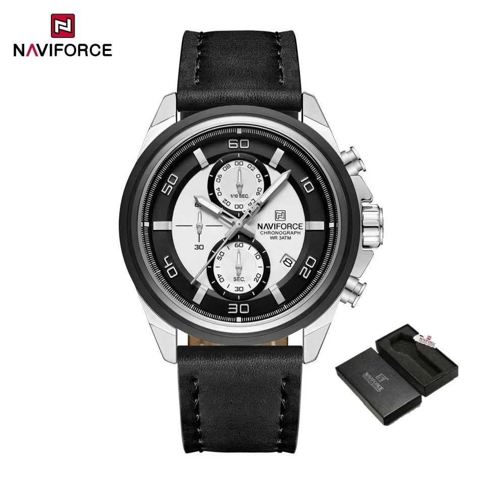 Reloj de pulsera para hombre NAVIFORCE, original, de negocios, de lujo, con correa de cuero, cronógrafo deportivo, resistente al agua 3ATM, de cuarzo
