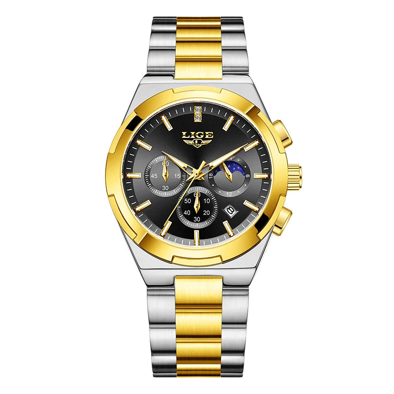 LIGE Waterproof Watch For Women Luminous Stainless Steel 24 Hour Moon Phase Ladies Quartz Watches Casual Sport Date Chronograph