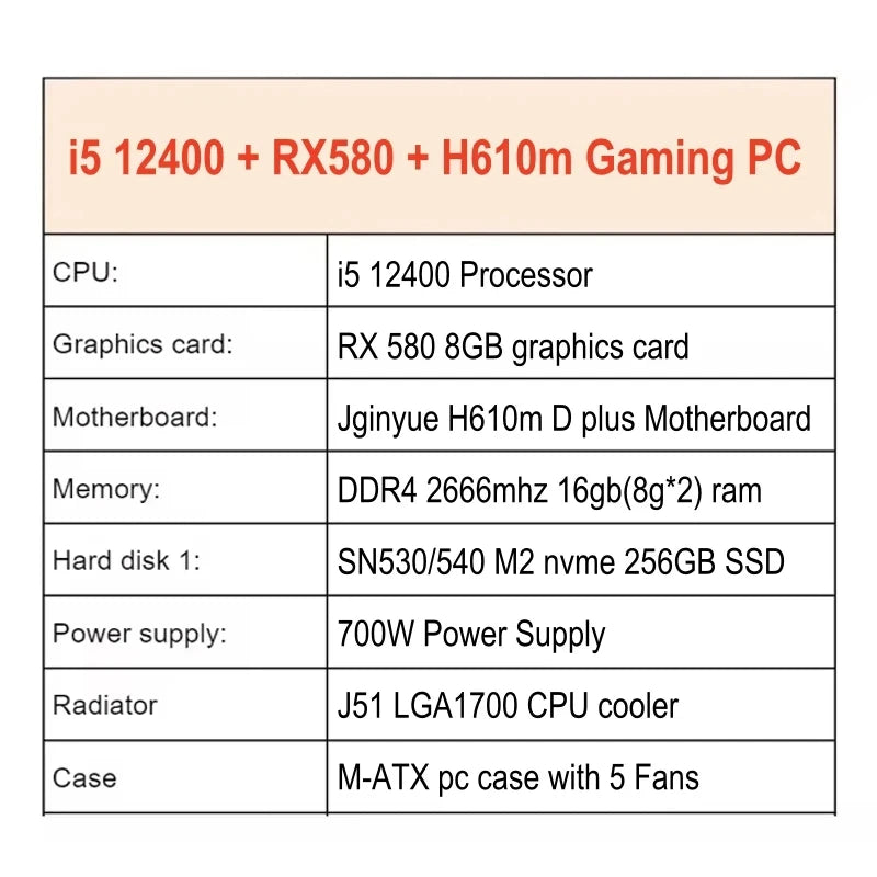 PC Gamer de Alto Rendimiento i5 12400 con 580 Gamer, Computadora de Escritorio Todo en Uno, Placa Base H610m