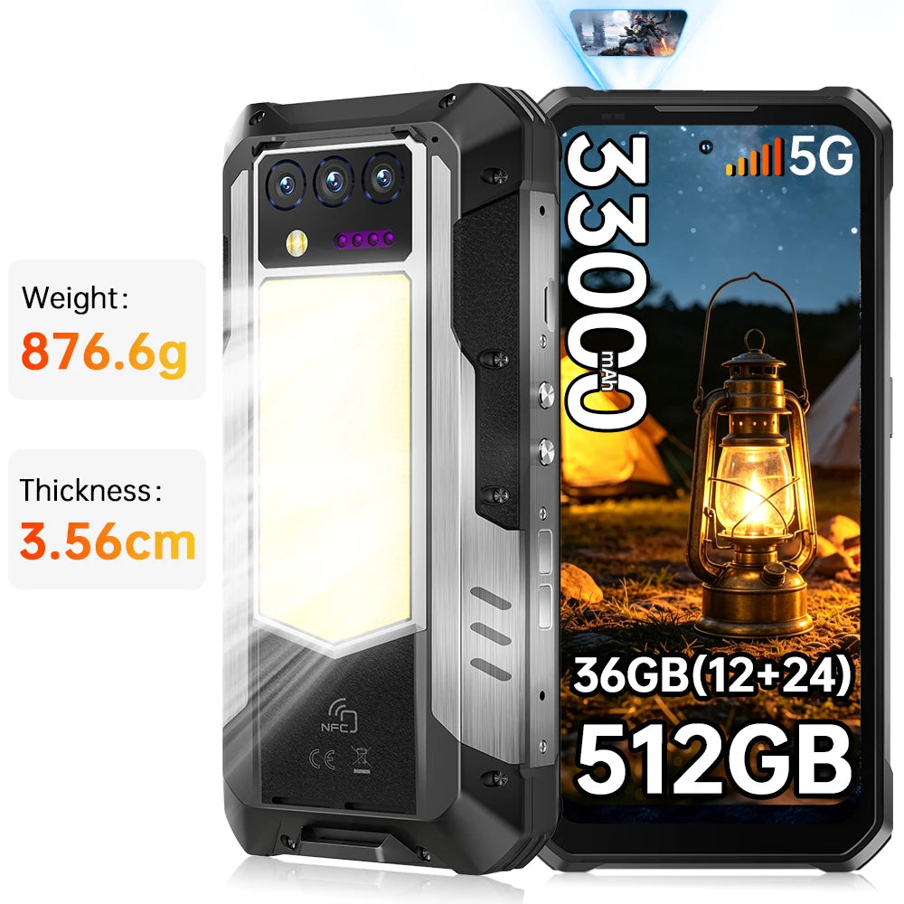 Teléfono inteligente resistente Oukitel WP100 TITAN, 36 GB (12+24) + 512 GB, 6.8'', 5G, 33000 mAh, 66 W, 120 Hz, Android 14, 2+20+32+200 MP, doble SIM
