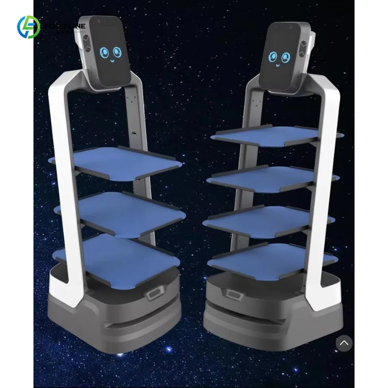 Dos robots de servicio con bandejas azules y panel frontal, base gris y soporte blanco