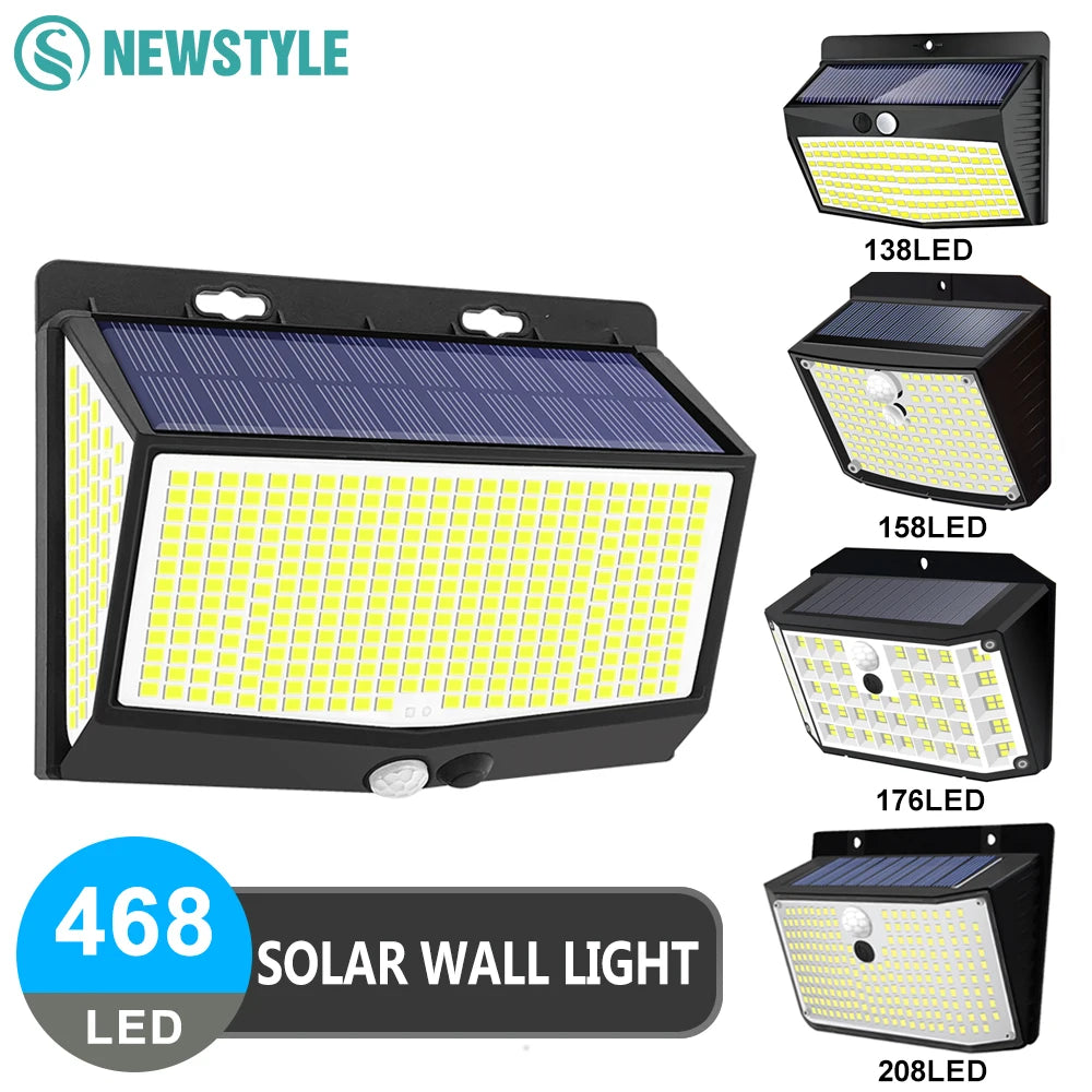 Luz solar para exteriores 468/208/138 LED, luz solar de seguridad para exteriores, lámpara de pared LED solar impermeable para jardín, patio y valla.