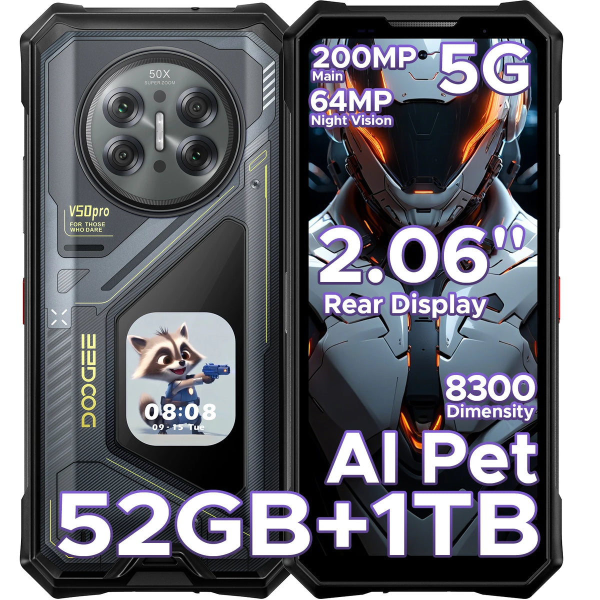 DOOGEE V50 Pro 5G AI Rugged Phone 6.78" Dimensity 8300 52GB RAM(16+36) 1TB ROM with 2.06" AMOLED Multi-function Rear Display 200MP Camera 64MP Night Vision Camera Android 16 Supports Walkie Talkie