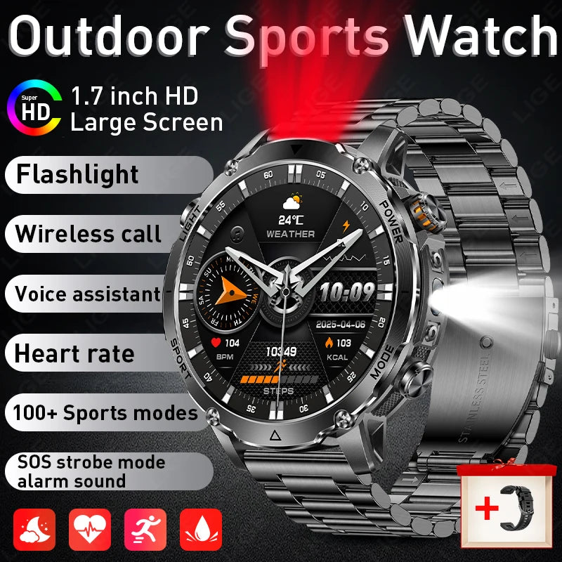 Reloj inteligente militar LIGE para hombre, batería ultraduradera de 1100 mAh, resistente al agua 10ATM, frecuencia cardíaca, linterna, pulsera deportiva, reloj inteligente para hombre y mujer