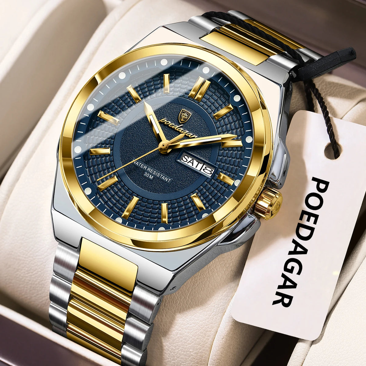 Reloj de pulsera deportivo original POEDAGAR para hombre, de cuarzo, fecha, semana, de lujo, resistente al agua, luminoso, de acero inoxidable