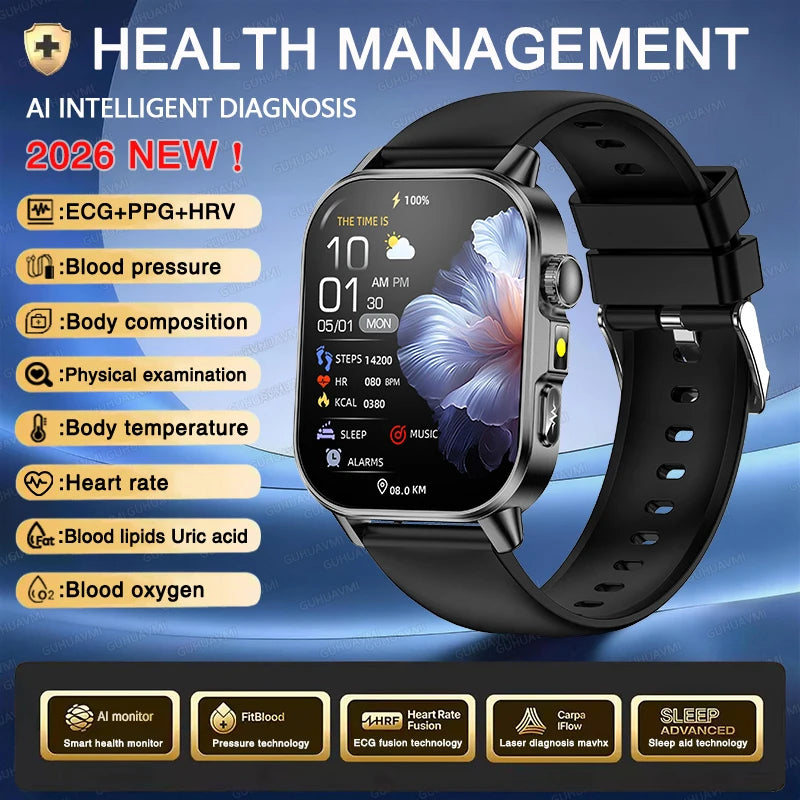 Nuevo reloj inteligente para hombres con diagnóstico de salud preciso ECG, presión arterial, oxígeno en sangre, grasa en sangre, ácido úrico, temperatura y llamadas Bluetooth