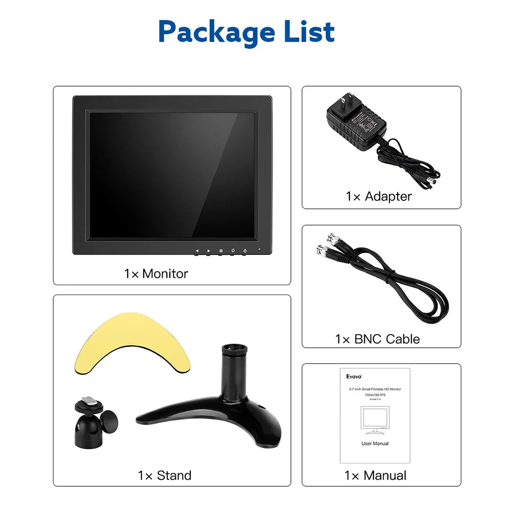 Monitor de escritorio pequeño Eyoyo de 10" HD 1024*768, monitor CCTV con pantalla LCD 4:3, puertos HDMI, VGA, BNC, AV, compatible con montaje en pared, altavoz integrado para videovigilancia.