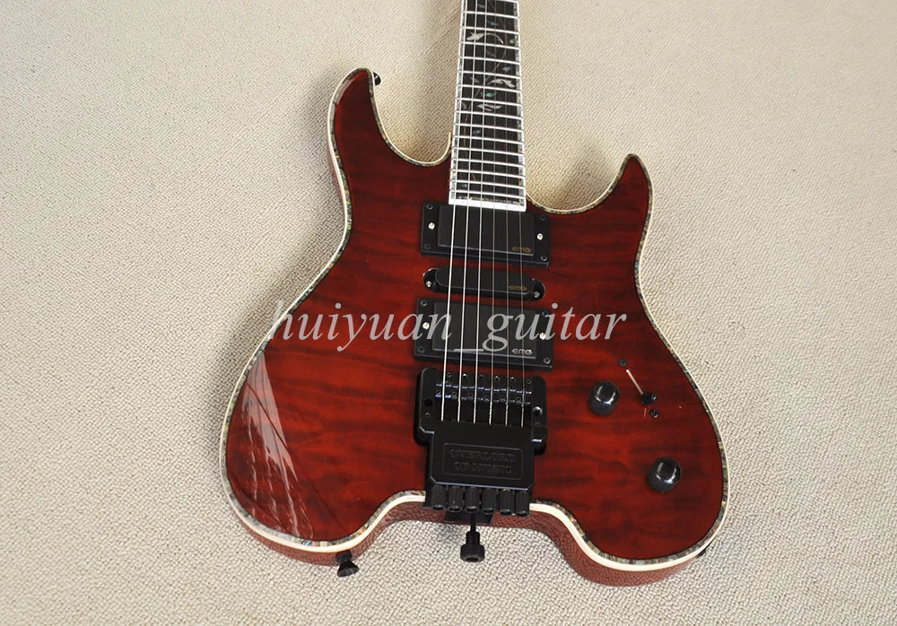Guitarra Eléctrica Flyoung de 6 Cuerdas, Roja, sin Cabezal, con Incrustaciones de Abulón, Diapasón de Palisandro, 24 Trastes
