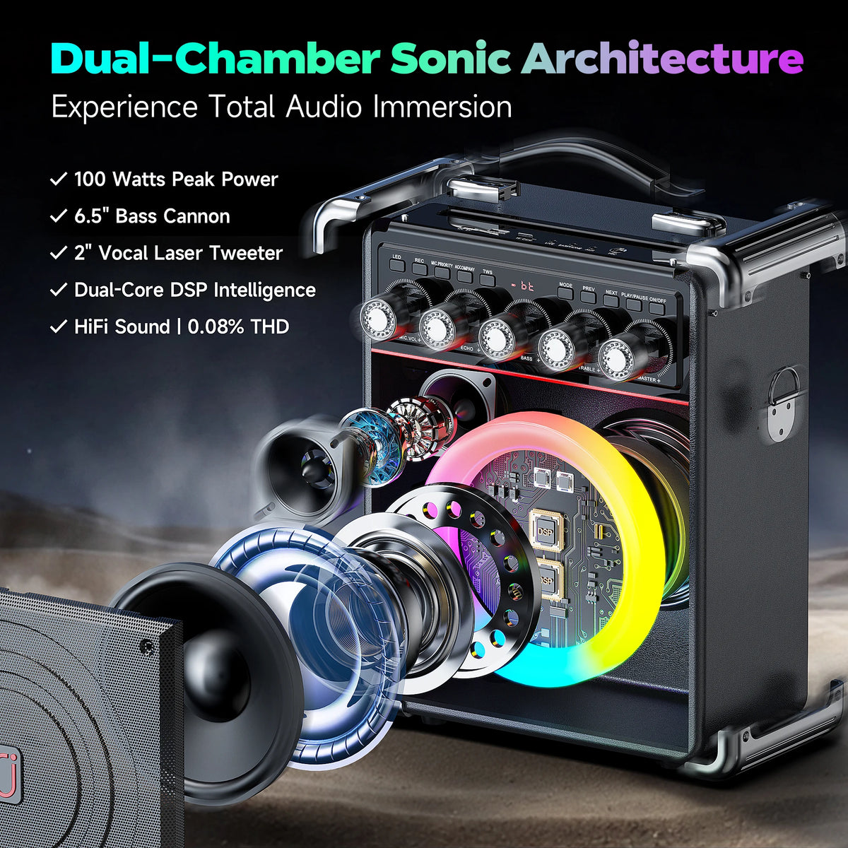 Máquina de Karaoke TX05 con 2 micrófonos inalámbricos, altavoz portátil con sistema de Karaoke con luz RGB para soporte de caja de fiesta en casa, TWS