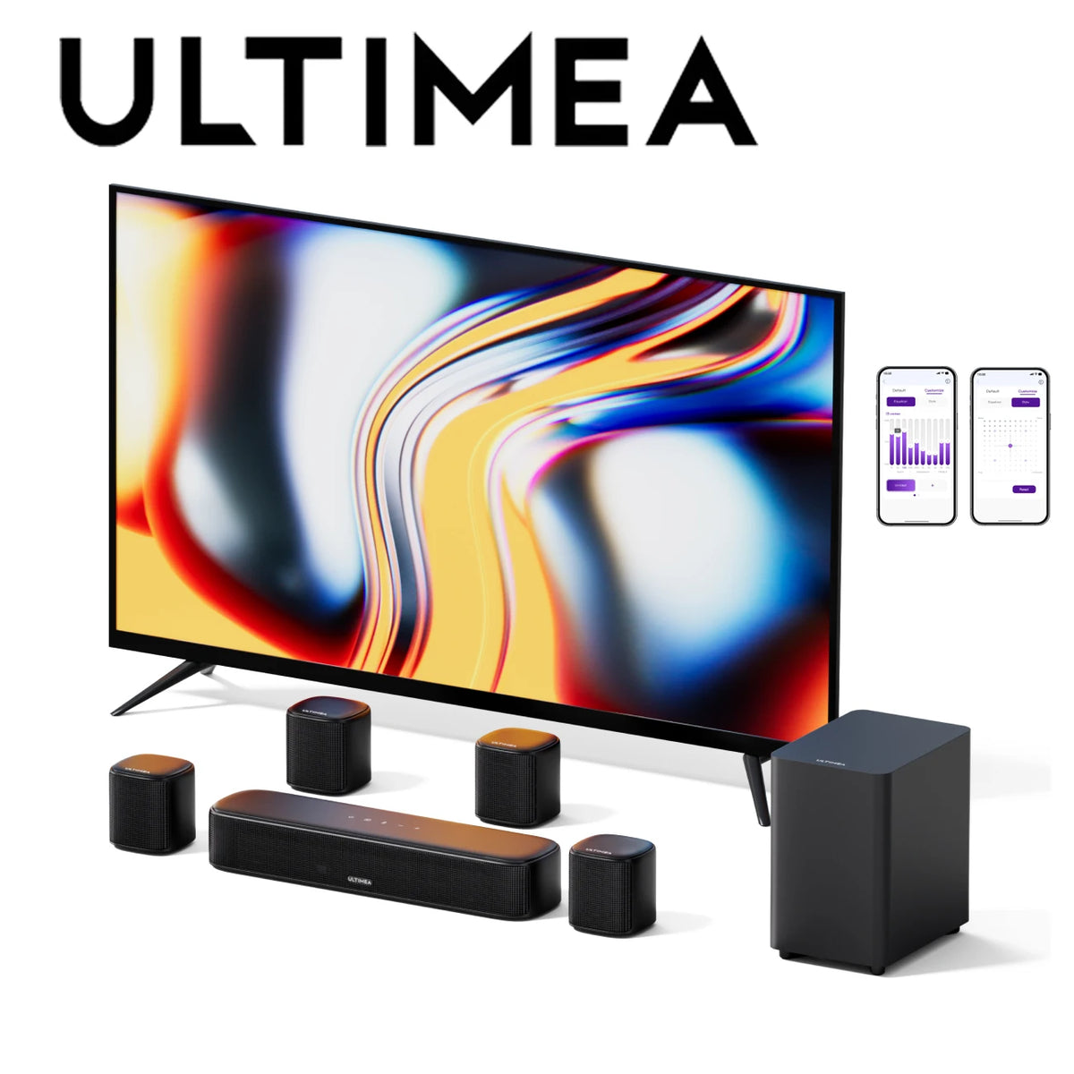 Barra de sonido envolvente virtual ULTIMEA  de 7.1 canales para TV, sistema de cine en casa de 330 W con subwoofer, 4 altavoces envolventes y control mediante aplicación.