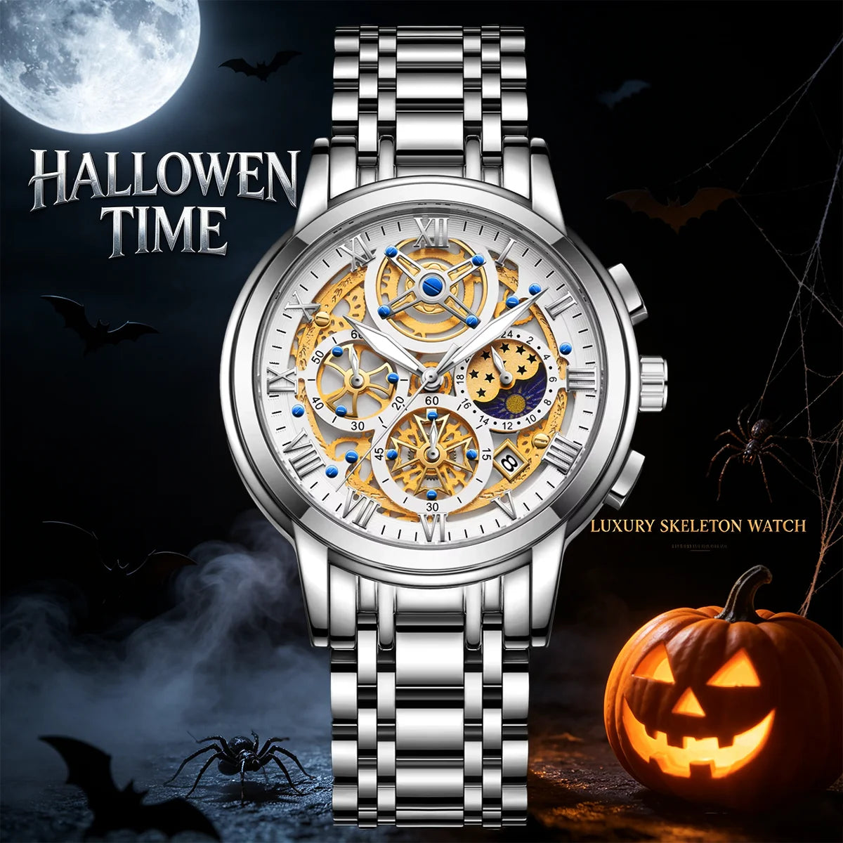 Reloj LIGE 2026 para hombre de acero inoxidable, reloj de cuarzo con fase lunar, resistente al agua, luminoso con calendario, regalo de Halloween