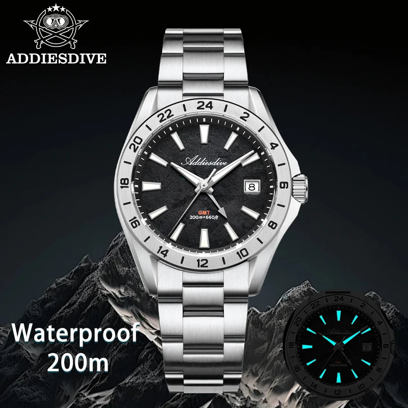 Reloj de cuarzo para hombre ADDIESDIVE GMT con cristal de zafiro, mecanismo suizo Ronda 515-24H, doble uso horario, luminiscencia BGW9 Super y resistencia al agua de 20 bares.