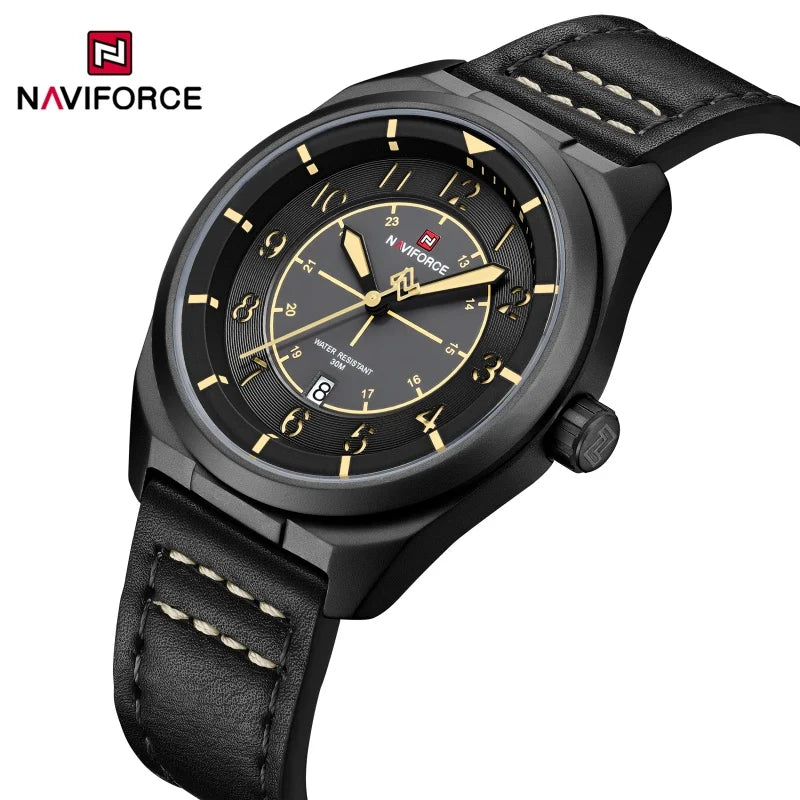 Reloj de pulsera NAVIFORCE para hombre, de cuarzo, elegante, con fecha automática, resistente al agua, de cuero genuino, para negocios, diseño único.