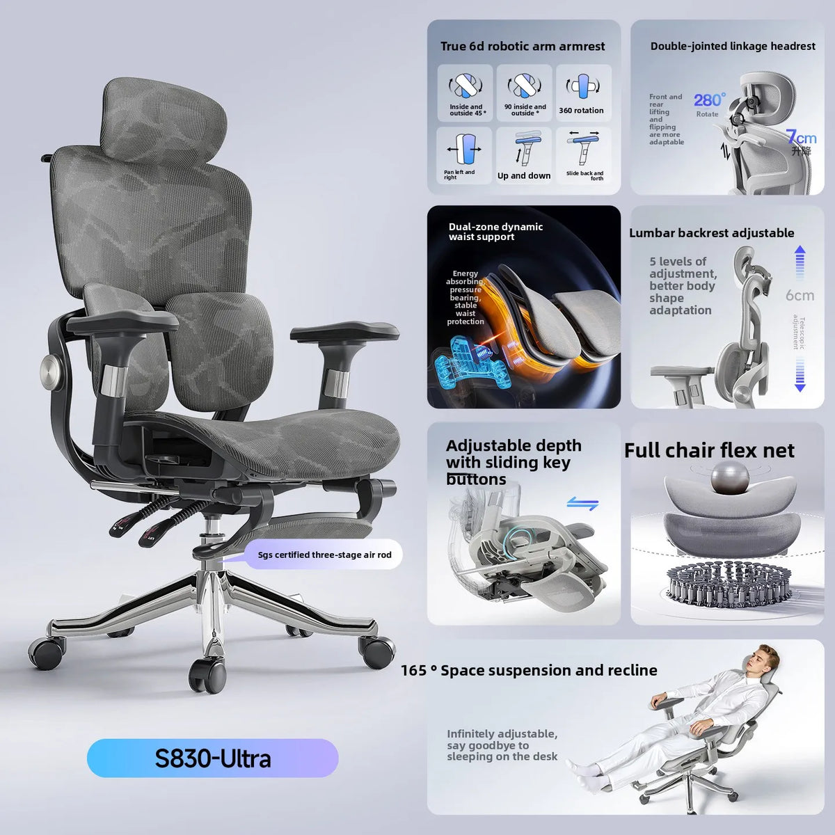 Silla ergonómica oscura con soporte lumbar de malla y respaldo reclinable