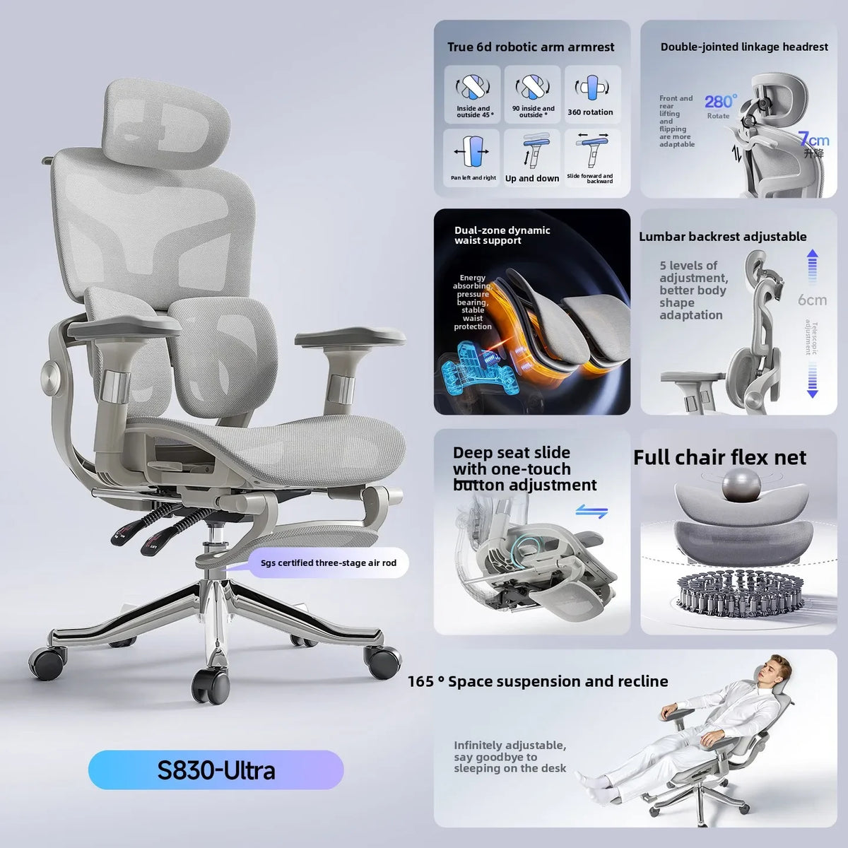 Silla ergonómica gris con reposacabezas y respaldo ajustable de malla