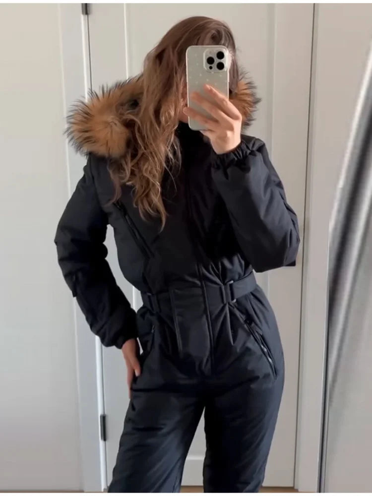 Mono de esquí de una pieza con capucha y parches de piel para mujer, estilo casual, con cinturón, manga larga, cierre de cremallera, mono liso, ropa de esquí para mujer, invierno 2026
