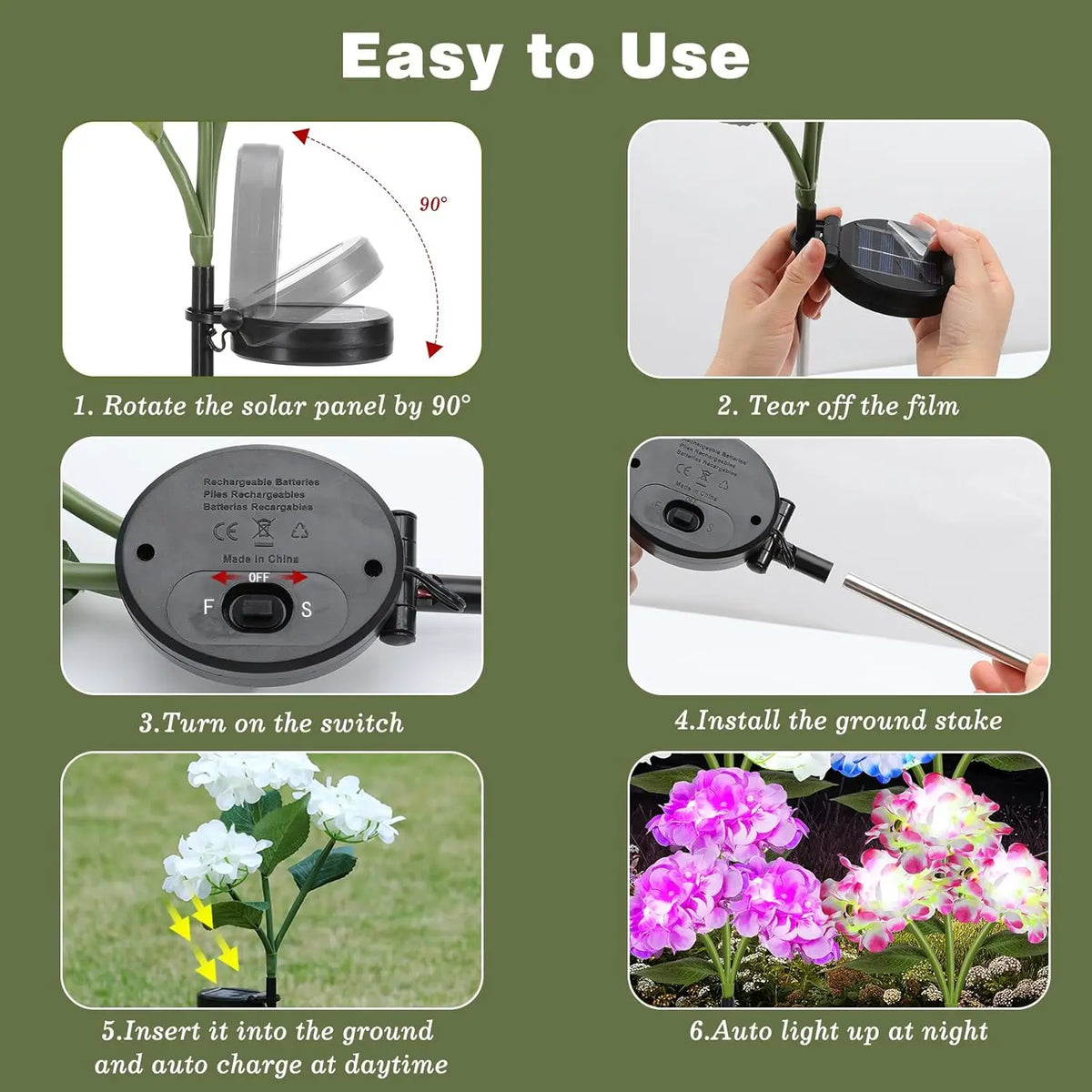 Luz LED de hortensia con energía solar, lámpara de jardín artificial realista, lámpara de césped semi-empotrada para patio exterior y caminos
