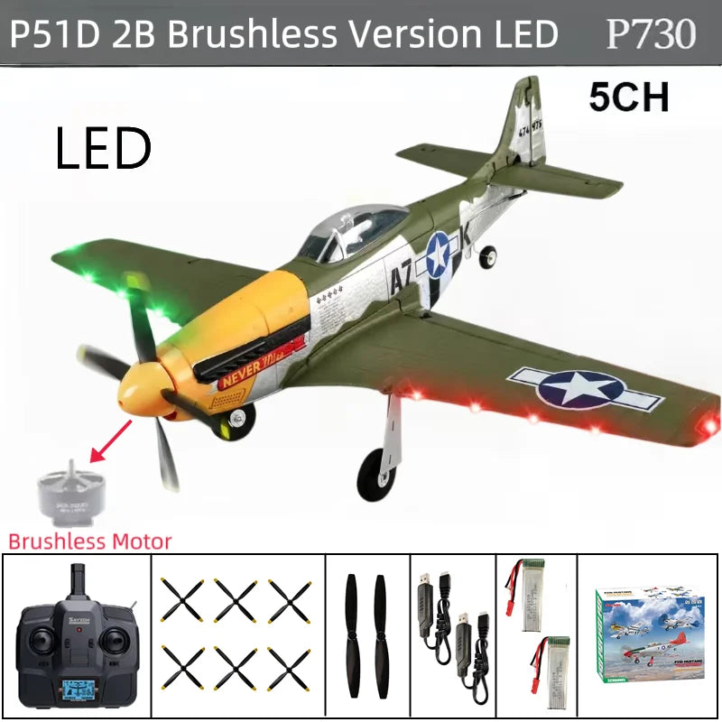 Avión RC 2026 de 5 Canales, 2.4G, P51D Mustang, Ala Fija, Envergadura de 510 mm, 3D/6G con Giroscopio y Motor sin Escobillas, Juguete de Combate para Exteriores