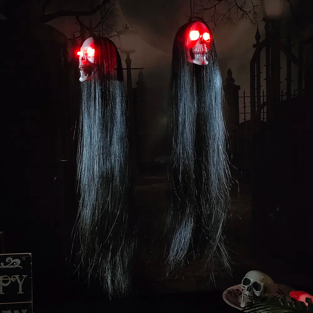 Halloween Ghost Skull with Long Hair Glowing Eyes Terror Skeleton Head Prop Haunted House Decoration for Party Outdoor Yard ﻿