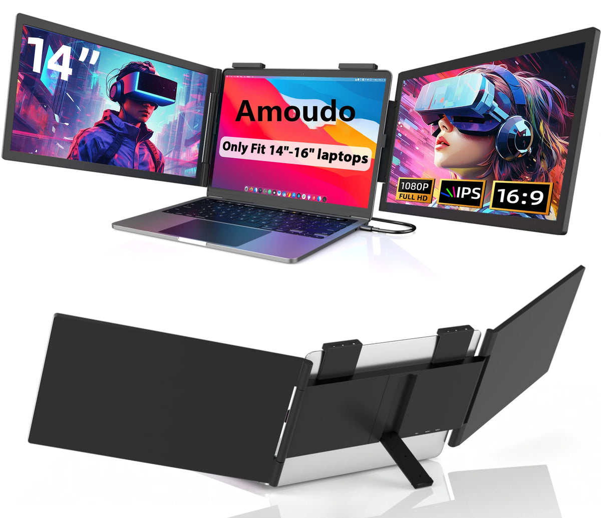 Monitor triple para portátiles Amoudo de 14 pulgadas, 1920*1080P, 60HZ, IPS, portátil, con puerto USB-C para portátiles de 14 a 16.5" Windows/Mac, monitor móvil para Xbox, monitor portátil