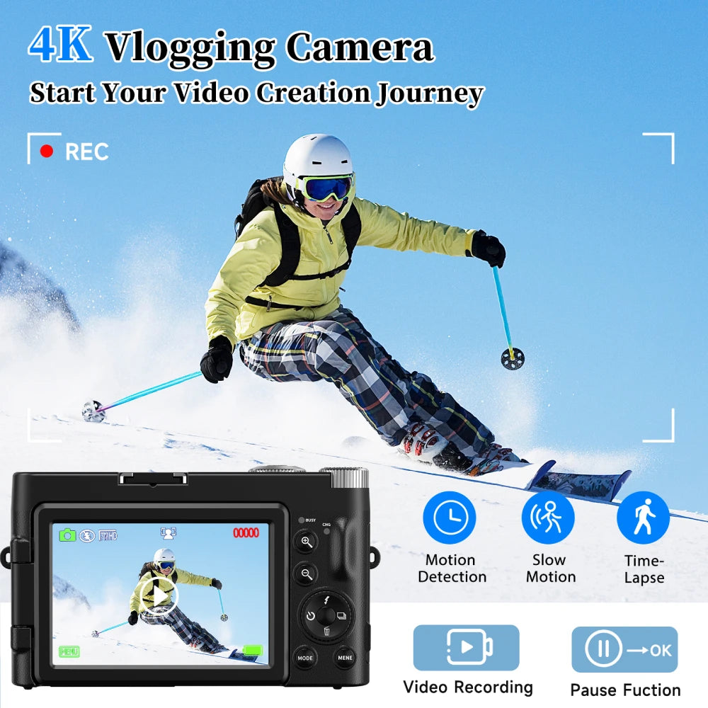 Cámara digital 4K para fotografía y vídeo Cámara de vlogging compacta antivibración con enfoque automático de 48 MP 3'' 180 °   Pantalla abatible con Flash