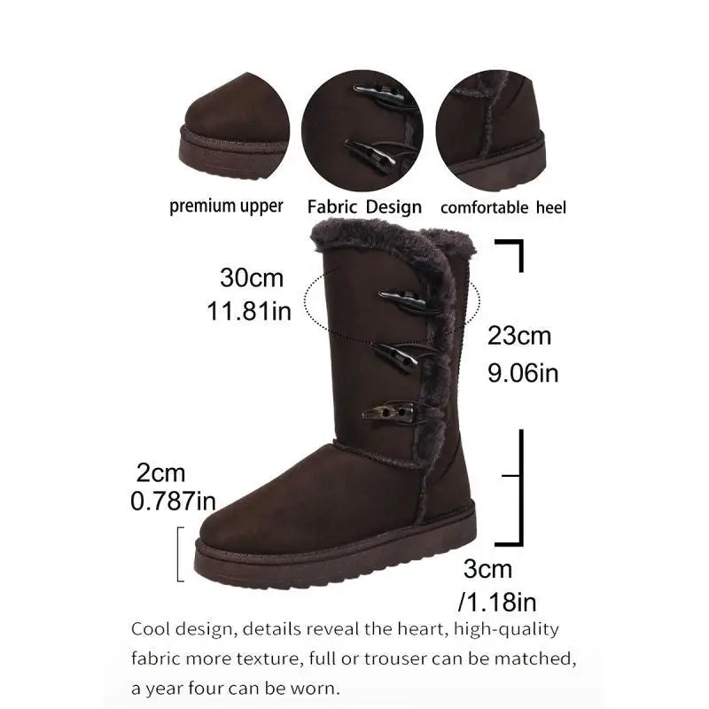 Botas de nieve de ante con botón de cuerno clásico de la marca, botas de media caña de felpa cálida para mujer, invierno 2026, botines altos de piel esponjosa para mujer