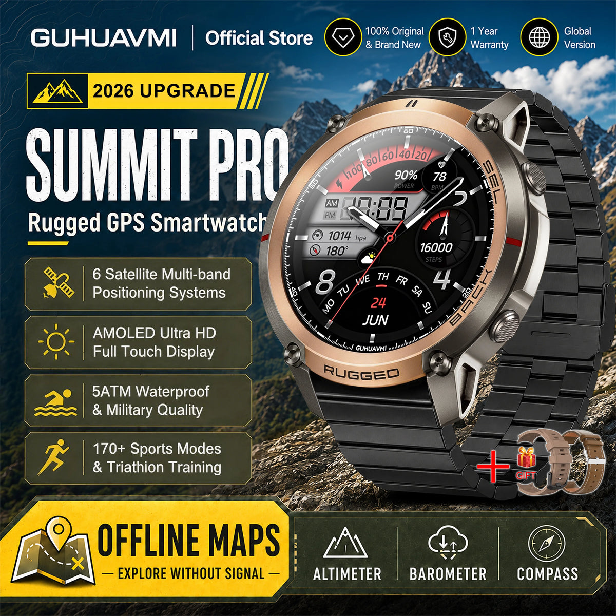 Reloj Inteligente GPS con Mapa Satelital Militar 2026, para Hombre, Pantalla AMOLED de 1.43'', Llamadas Bluetooth, Brújula, Resistente al Agua 5ATM, 170+ Deportes
