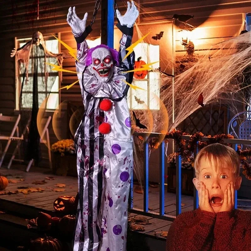 Payaso Colgante de Halloween con Sonido, Activación Táctil y Ojos Rojos Iluminados para Decoración de Fiestas de Casas Encantadas