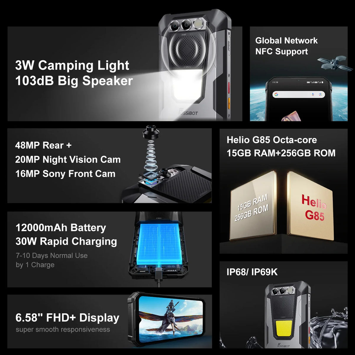 Smartphone ultrarresistente FOSSiBOT F106 Pro, 8 GB de RAM, 256 GB de ROM, 12000 mAh, pantalla de 6,58”, Android 14, altavoz potente, luz de camping, teléfono móvil