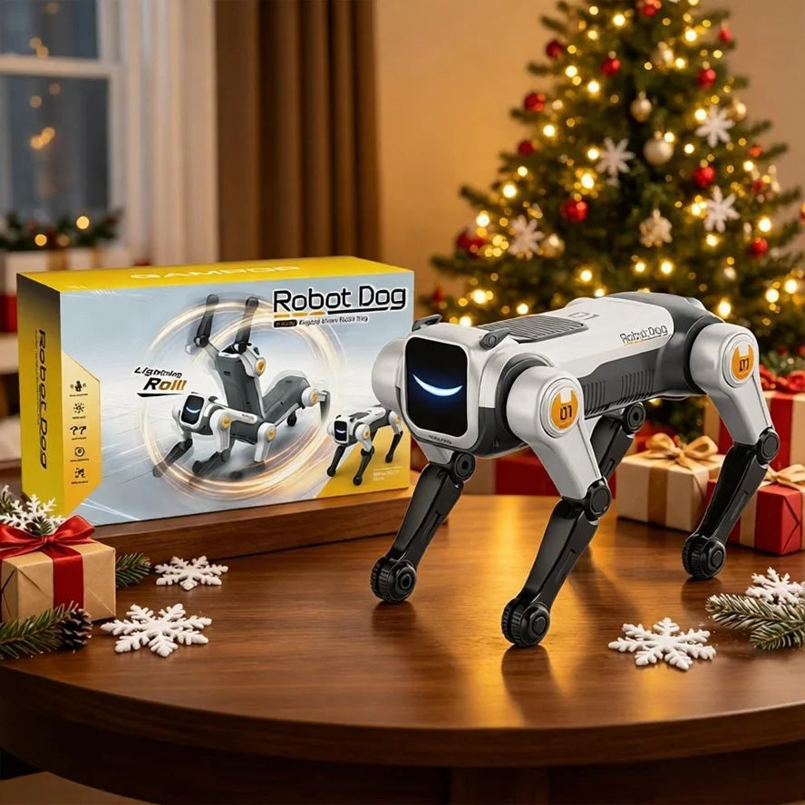 Perro robot RC blanco gris sobre mesa, con luces LED azules y patas móviles.