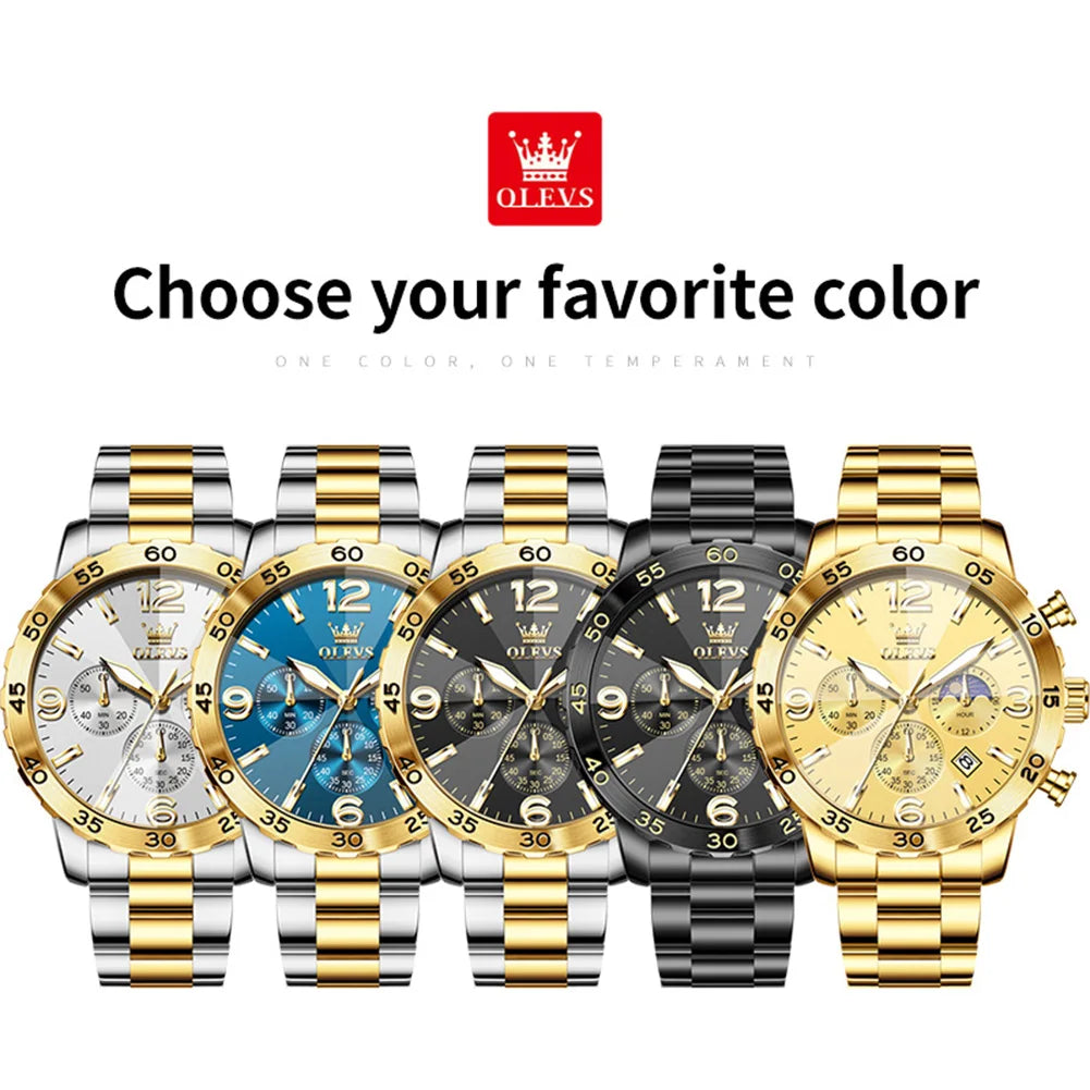 OLEVS 3678 Mens Watch Original Stainless Steel Quartz Watch Waterproof Luminous Moon Phase Watch Automatic Date Mens Gifts Reloj