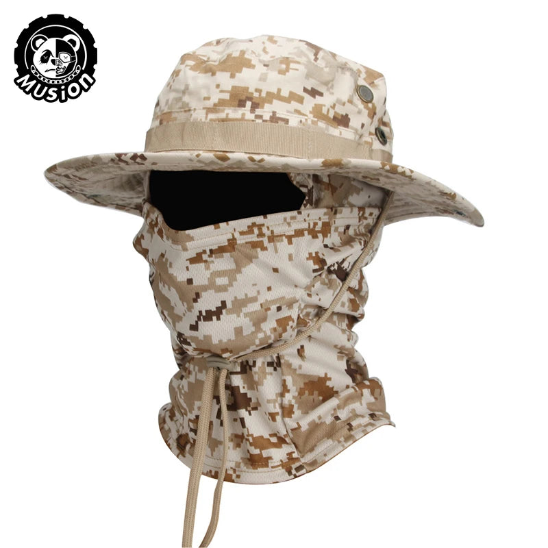 Conjunto de gorro de pescador con ala ancha y pasamontañas de camuflaje Musion para hombre, gorra tipo boonie para exteriores, sombrero de protección solar para pesca