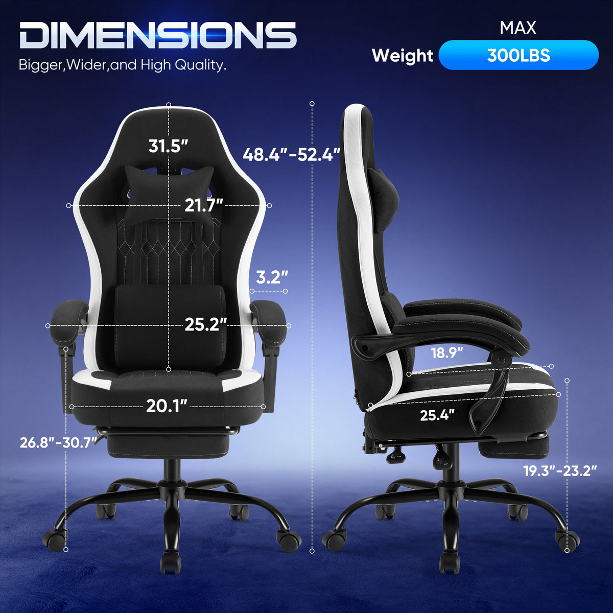 Silla de oficina ergonómica negra con reposacabezas, reposabrazos y medidas de altura