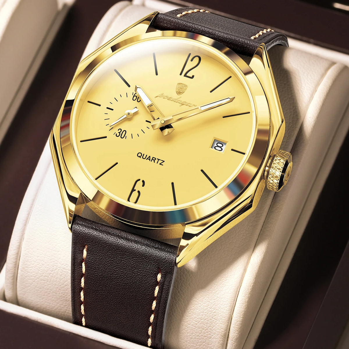 Reloj de pulsera original de cuarzo para hombre POEDAGAR, de piel, para negocios, resistente al agua, con fecha luminosa, reloj elegante para hombre.