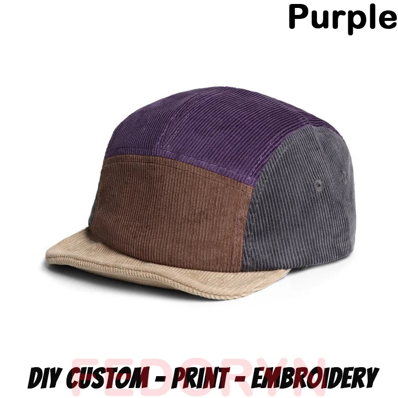 Gorra de béisbol Fedoryn de pana retro con ala corta, bordado personalizado, parche multicolor, 5 paneles, para hombres y mujeres, gorra con logotipo personalizable