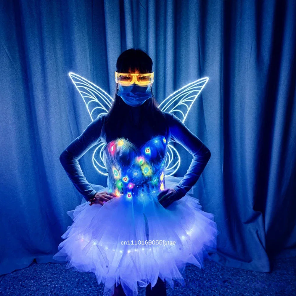 Vestido de plumas luminosas LED, alas de ángel iluminadas, alas de mariposa coloridas, traje de hada para desfile, cosplay de Halloween.