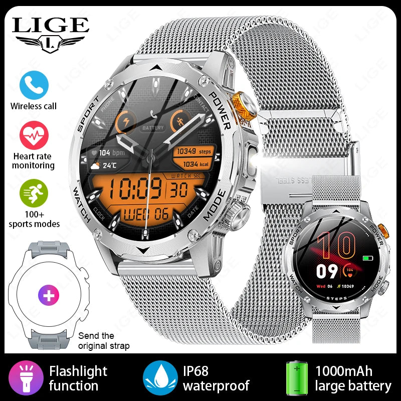 LIGE Nuevo reloj inteligente para hombre con batería de gran capacidad de 1000 mAh, linterna exterior, llamadas Bluetooth, resistente al agua, reloj inteligente deportivo de fitness