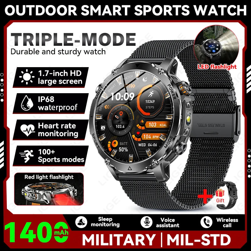 Reloj inteligente militar LIGE TANK Ultra con batería de 1400mAh, resistente al agua 10ATM, frecuencia cardíaca, linterna, pulsera deportiva para hombre y mujer