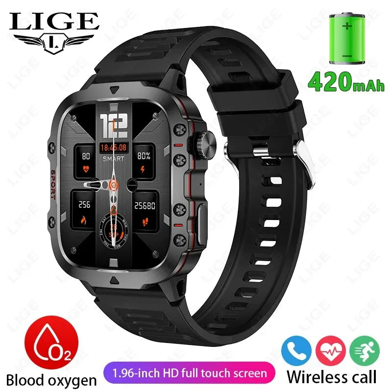 LIGE Nuevo Reloj Inteligente Pantalla de 1.96 Pulgadas 420 mAh Llamada Bluetooth Asistente de Voz Reloj Deportivo Fitness Reloj Inteligente Impermeable para Hombre
