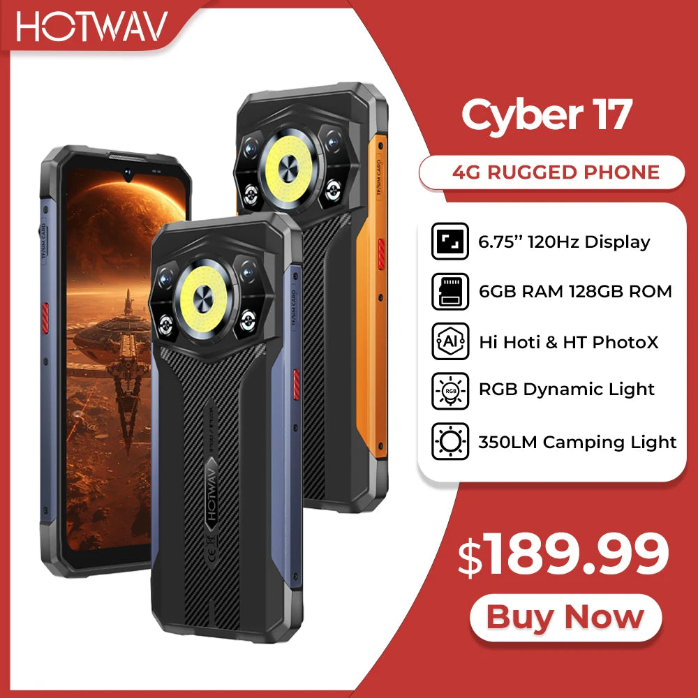 Smartphone ultra resistente HOTWAV Cyber 17 Android 16, 6.75'', 120Hz, luz dinámica RGB, 350LM, 6200mAh, 20W, 6GB 128GB