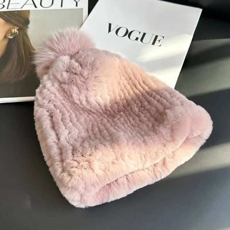 Gorro de piel de conejo Real Rex para mujer, gorro de invierno de piel gruesa, gorro cálido con protección para los oídos, gorro de piel tejido a mano, gorros de piel natural para exteriores