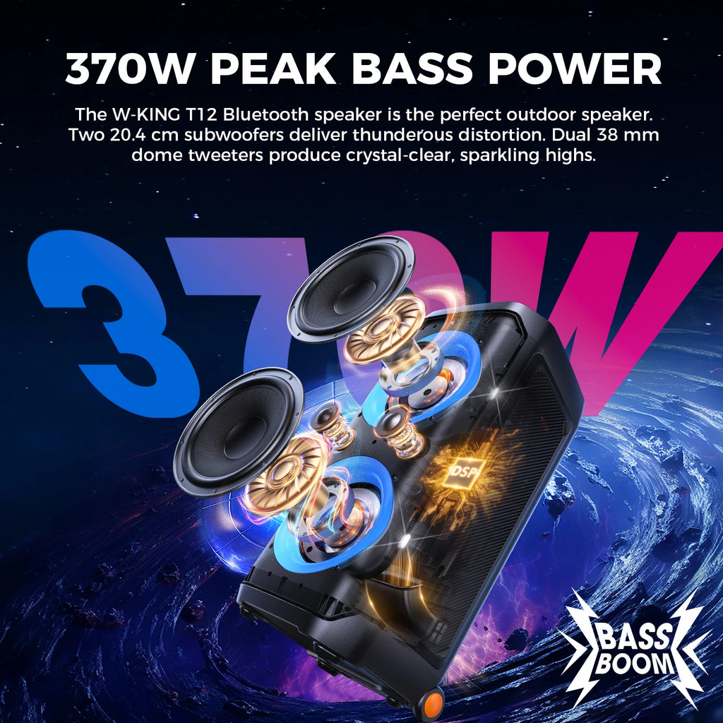 Altavoz Bluetooth para Fiestas W-KING T12, 370W de Potencia Máxima, 135dB de Bajos Profundos, Altavoz Karaoke Portátil con Luces RGB, Bluetooth 5.4, Ruedas, AUX, USB, TF, OTG, Entrada para Micrófono de Guitarra