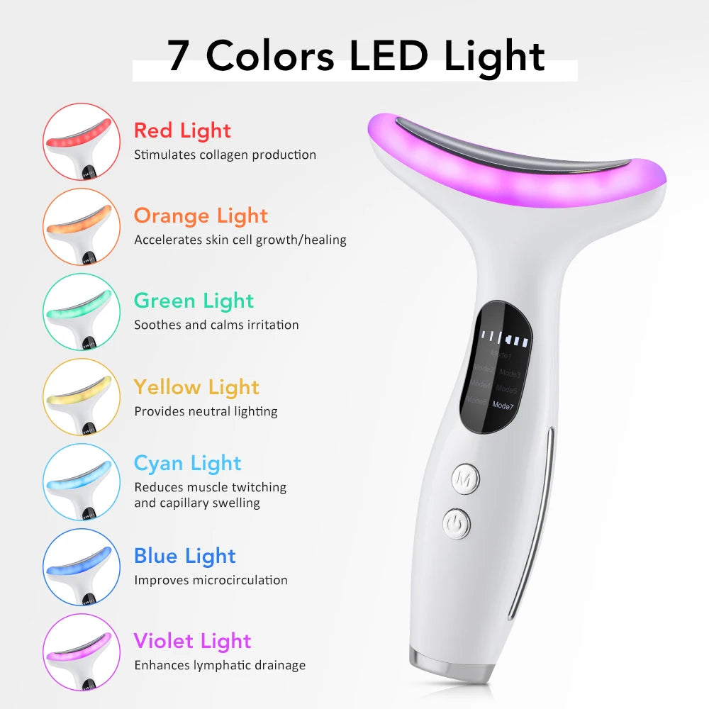 Dispositivo de belleza facial con luces LED de 7 colores, masaje con vibración EMS, mejora las líneas del cuello, máquina herramienta de estiramiento facial antiarrugas