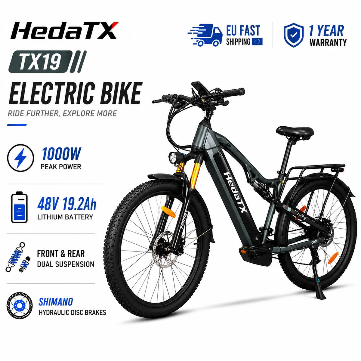 Bicicleta eléctrica HedaTX TX19, motor de 1000 W, batería de 48 V y 19.2 Ah, neumáticos de 29x2.4 pulgadas, bicicleta eléctrica para adultos con suspensión completa y frenos de disco hidráulicos, bicicleta eléctrica todoterreno