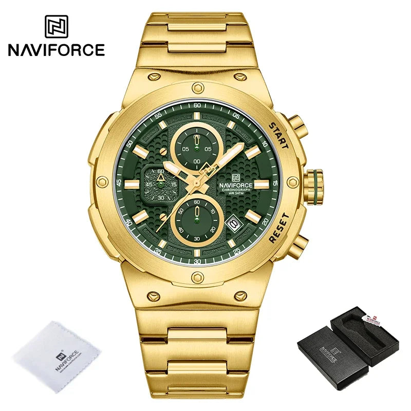 Reloj NAVIFORCE de lujo para hombre, con cronógrafo de cuarzo, luminoso, calendario, resistente al agua, de acero inoxidable, estilo deportivo y militar.